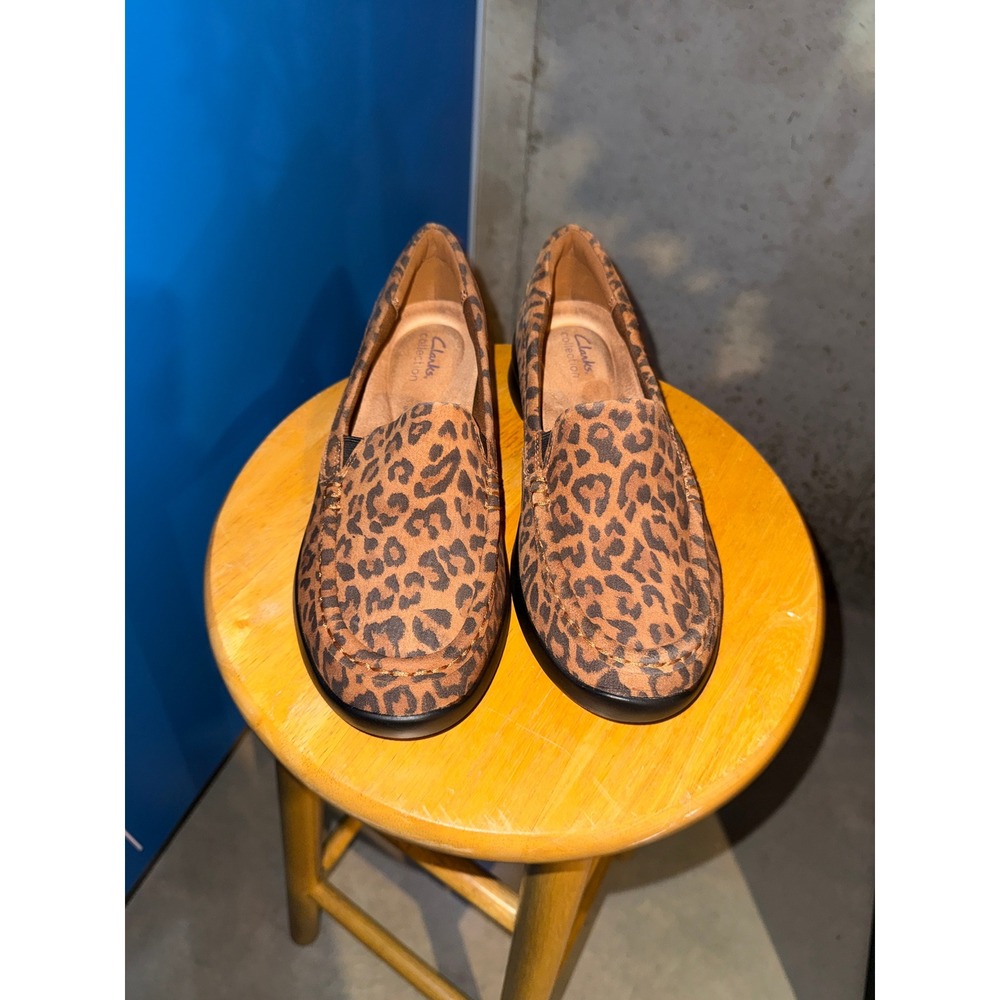 Clarks Collection Ellowyn Lux Leopard Print Leather Wedge Loafers Womens 9 W